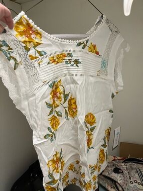 Daniel Rainn White Tunic with Yellow Floral Print and Green Leaves